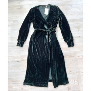 New ZARA Long Sleeve Velvet High Slit Wrap Dress | Emerald Size S